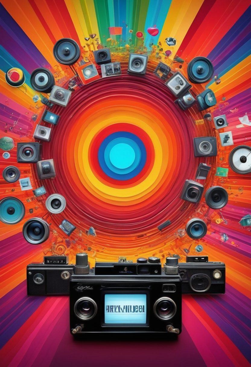 A vibrant digital landscape featuring a spectrum of video content, with classic film reels morphing into modern vlogs on screens and devices. Integrate playful icons representing adult web content, such as thumbs-up and hearts, flowing along a colorful spectrum. The scene is dynamic, combining elements of retro and contemporary design to represent the evolution of media. Include swirling audio waves for added energy. vibrant colors. digital art. 3D.