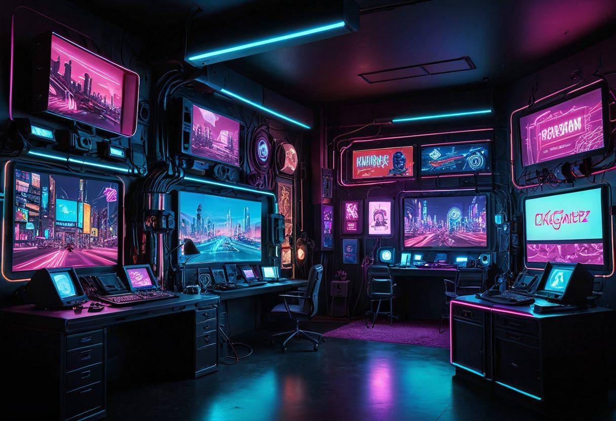 A visually engaging and artistic representation of a digital landscape filled with various playful symbols of technology and adult films. Include elements like abstract screens displaying film reels, digital toys, and cartoonish icons related to adult content. The atmosphere should feel fun yet sophisticated, with neon lights and a hint of mystery. Colors should be vibrant and enticing, inviting viewers to explore the scene. Cyberpunk style.